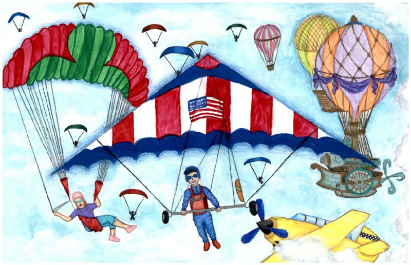 Paragliders, a handglider, and hot air balloons