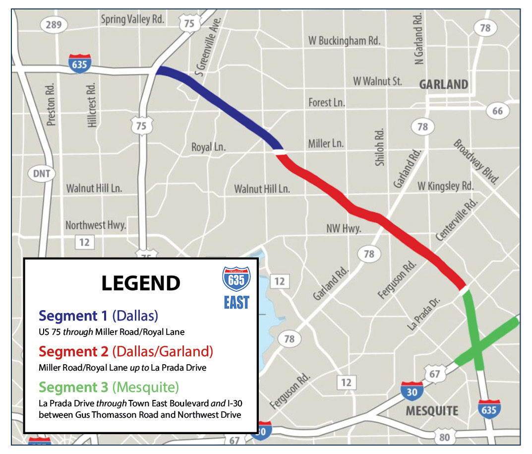 I-635 East project map overview.Segment 1 Dallas. US-75 through Miller Road and Royal Lane.Segment 2 Dallas and Garland. Miller Road and Royal Lane up to La Prada Drive.Segment 3 Mesquite. La Prada Drive through Town East Boulevard and I-30 between Gus Thomasson Road and Northwest Drive.