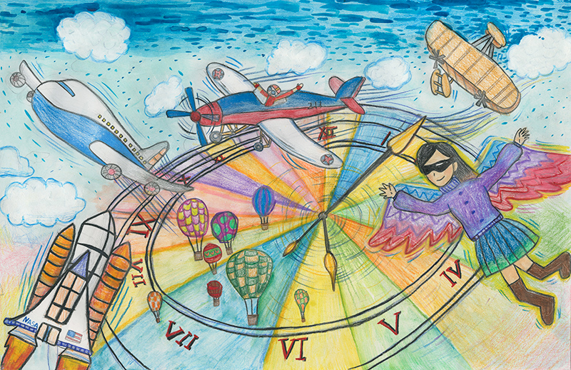 Aircraft and a girl with wings over a roman numeral clock face