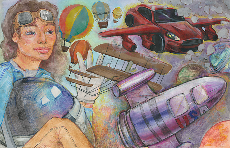 A woman with a space helmet on her lap and wearing goggles on her head next to a bunch of aircraft