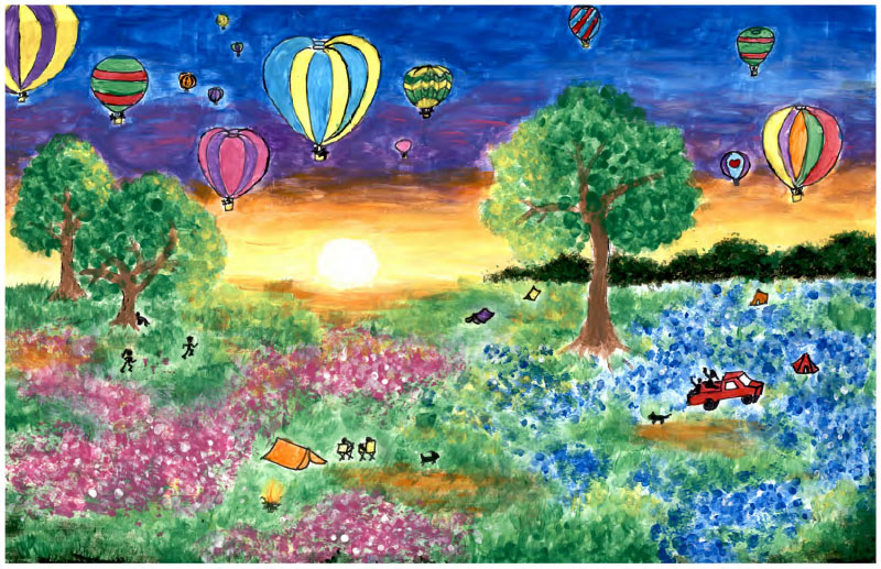Hot air balloons and a field of flowers