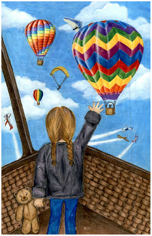 Little girl with teddy bear in a hot air balloon waving to other hot air balloons