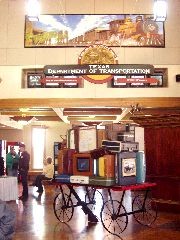 View inside the lobby with interpretive display kiosks