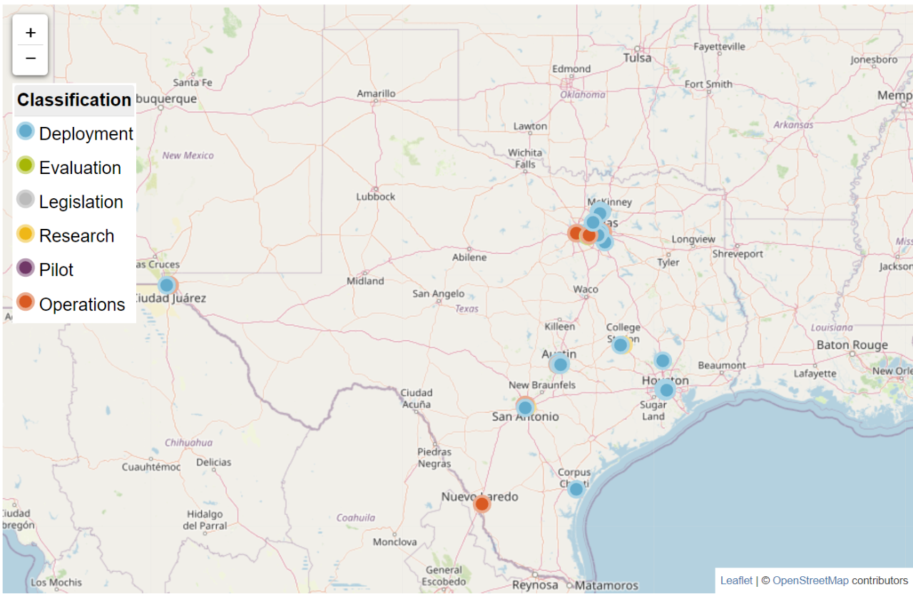 map of texas with dots indicating deployment, evaluation, legislation, research, pilot, and operations efforts for autonomous vehicles across the state