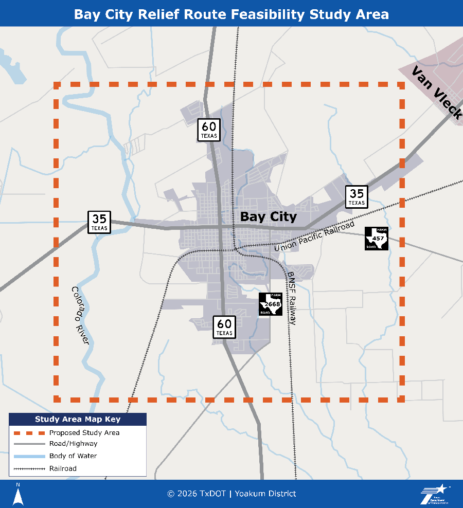 Bay City Relief Route Feasibility Study Area map. A simple illustrated map of the city of Bay City that shows an orange dashed box around the city of Bay City to indicate the limits of the study area. The northeastern corner of the study area is near the city of Van Vleck. SH 35 runs east to west and SH 60 runs north to south through the center of the study area. The BNSF Railway runs north to south and Union Pacific Railroad runs east to west within the study limits. The Colorado River is on the western edge of the study limits. For any questions, assistance, or more information, please contact Jonathan.Rogers @ t x d o t .gov.