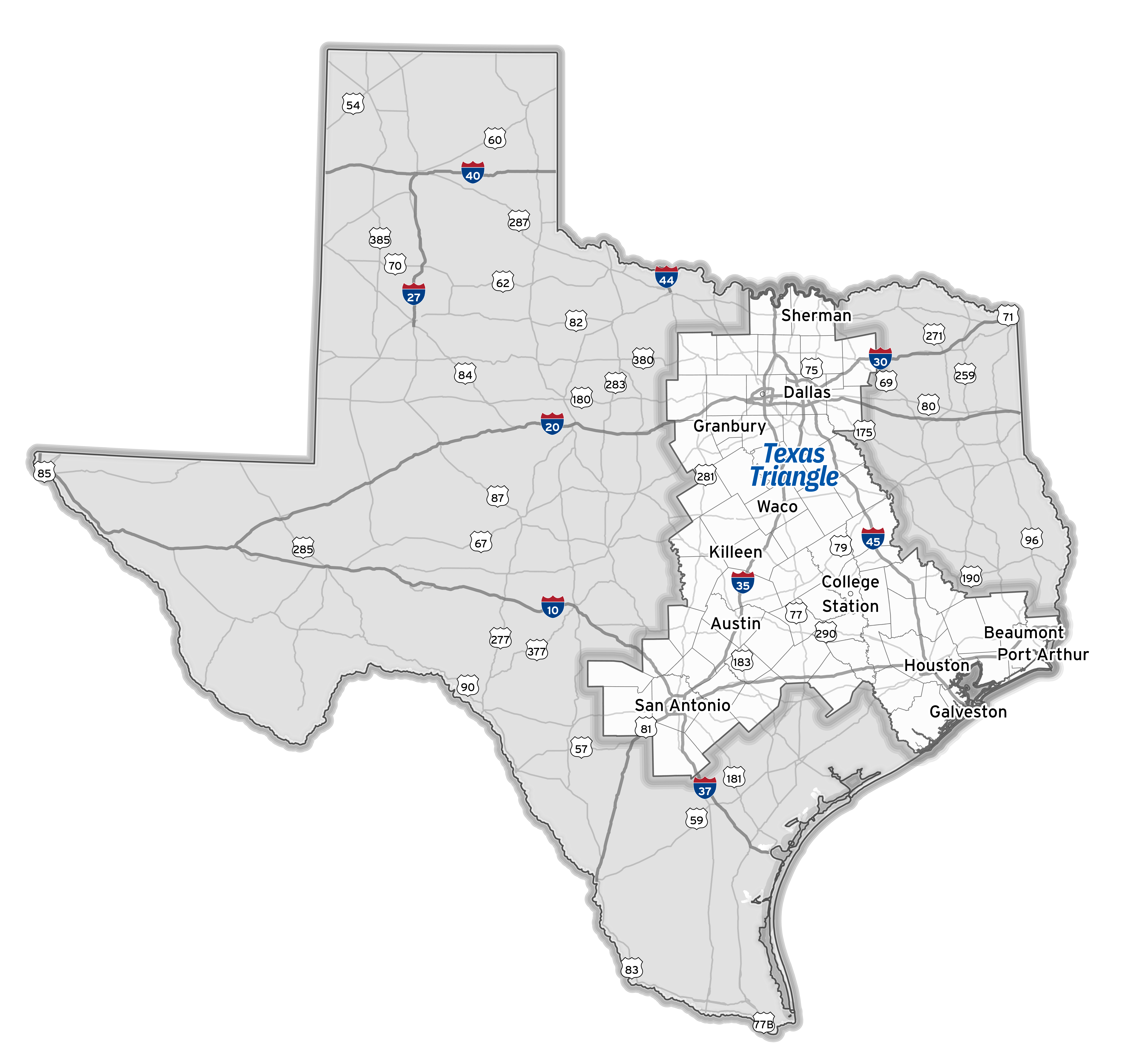 Map of the Texas Triangle Texas Triangle Map. Road map of the state of Texas that highlights the major cities that form the Texas Triangle area. The cities are San Antonio, Austin, Killeen, Waco, Granbury, Dallas, Sherman, College Station, Houston, Beaumont, Galveston, and Port Arthur. Also depicted are various interstate and state highways that connect these cities.