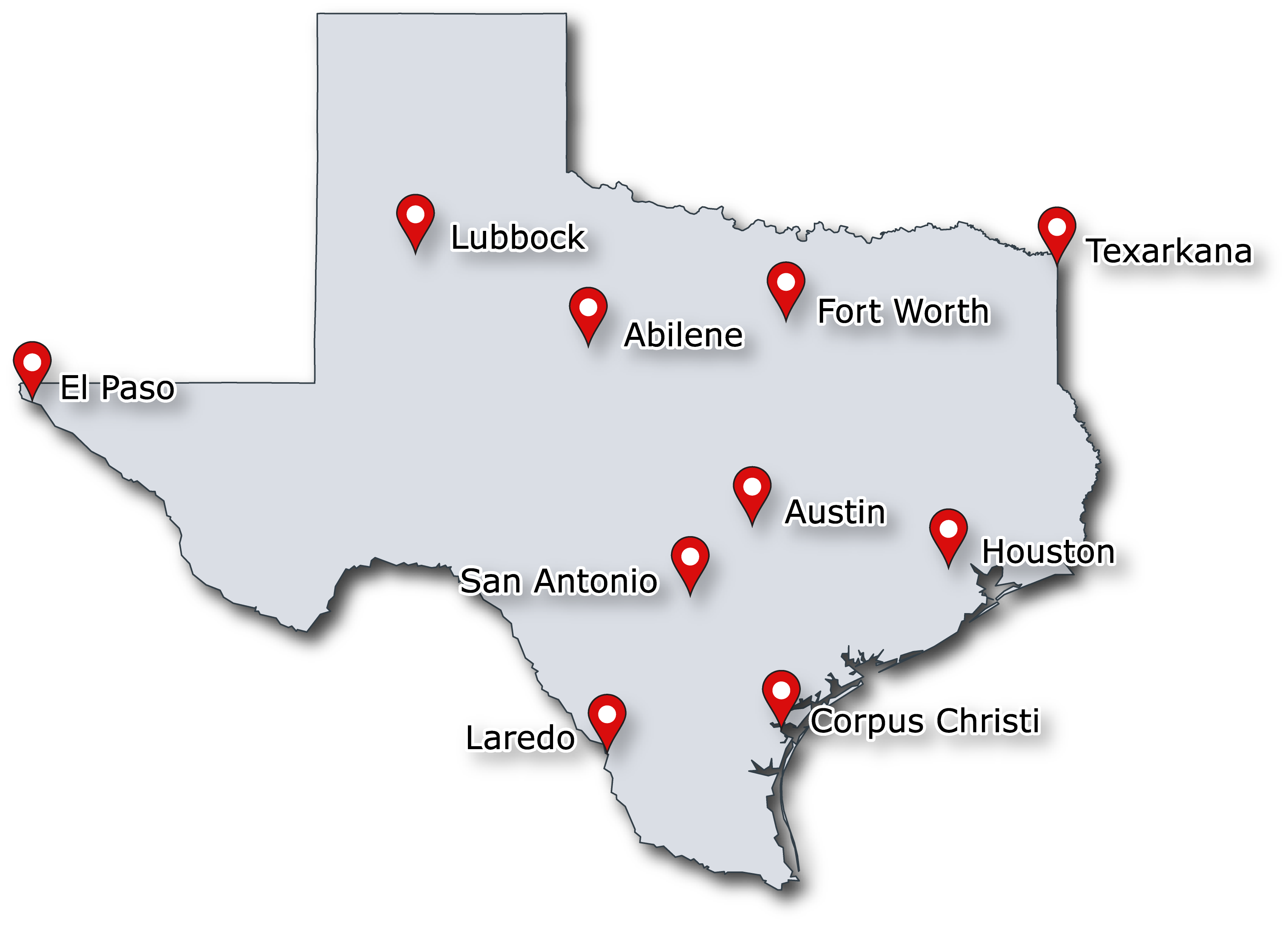 Statewide Active Transportation Plan Meeting Map Round 3 Un mapa de Texas con diez ciudades principales marcadas, donde se llevarán a cabo reuniones en persona en todo el estado.