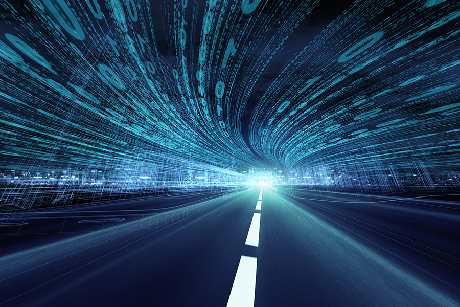 A photo illustration showing a road with data above it.