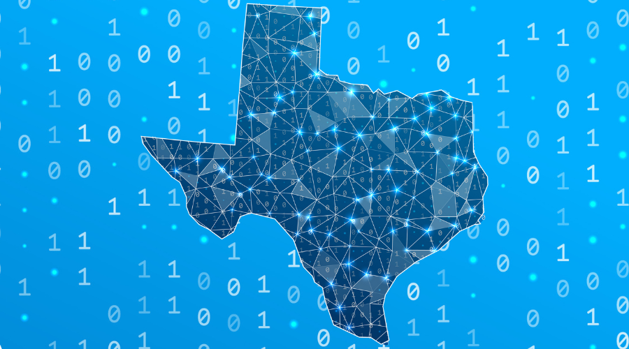 Ilustración digital del estado de Texas delineada con una red de líneas y nodos azules brillantes, que simbolizan la conectividad y la tecnología, sobre un fondo azul brillante con código binario (unos y ceros) dispersos por todas partes.