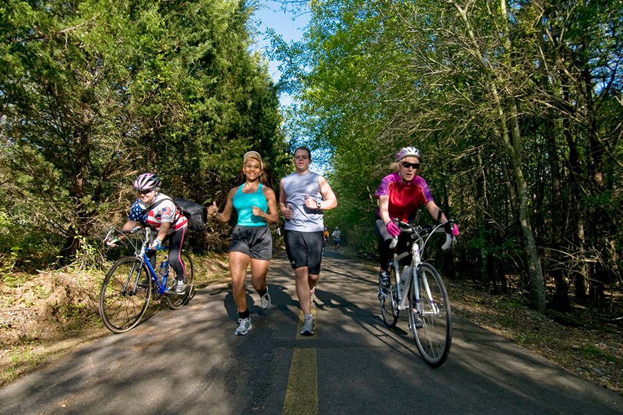 Joggers and cyclists on trail
