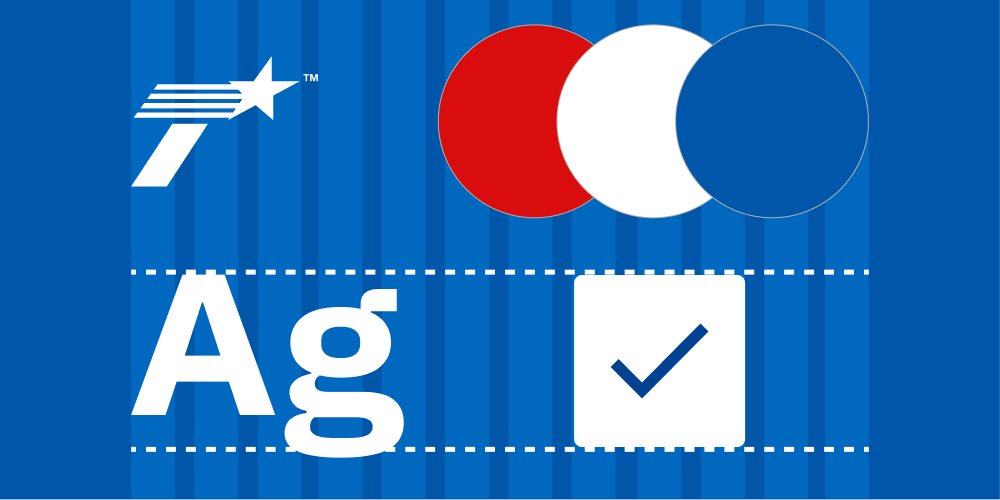 Brand elements collage 1000x500 La imagen tiene un fondo de rayas azules con un logotipo de TxDOT y tres círculos rojos, blancos y azules superpuestos en la parte superior izquierda. Debajo de ellos está el gran texto blanco "Ag", seguido de un cuadrado blanco con una marca de verificación azul.