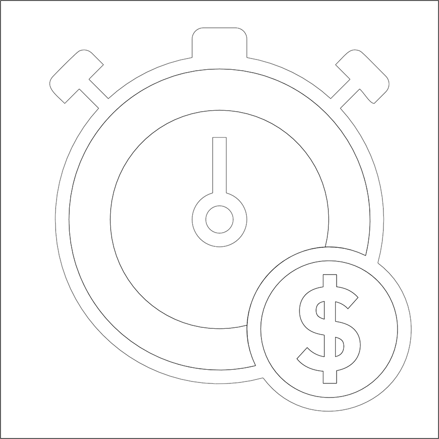 Line art shapes of a stop watch and circle with a dollar sign. The shapes are referred to as 'what you see is what you get.'