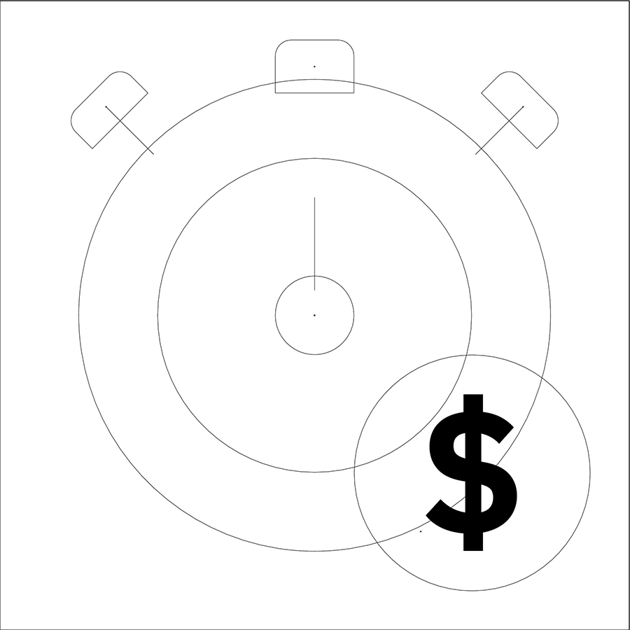 Line art shapes of a stop watch and circle with a dollar sign. The shapes are referred to as live or not 'what you see is what you get.'