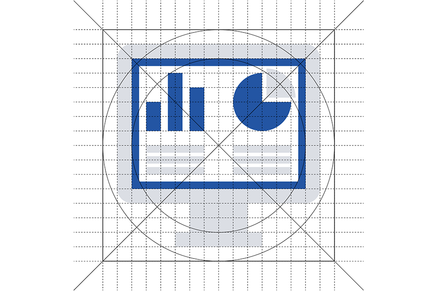 Blue and gray computer screen icon with a grid overlay. 