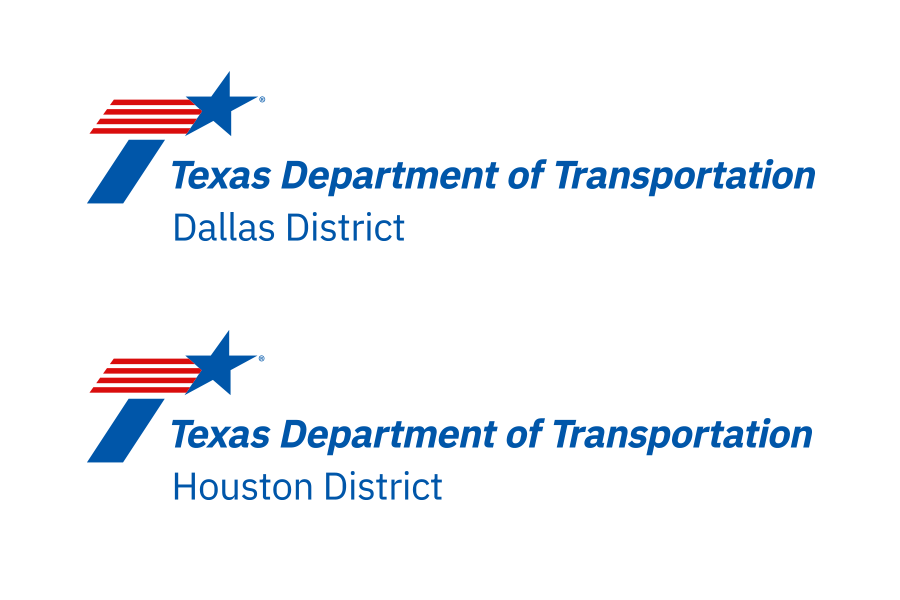Ejemplos de logotipos de distritos de TxDOT para distritos de Dallas y Houston.