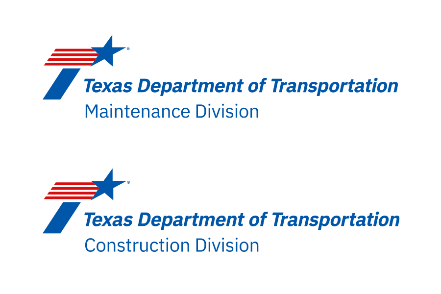 Ejemplos de logotipos de divisiones TxDOT para Construcción y Mantenimiento y divisiones.