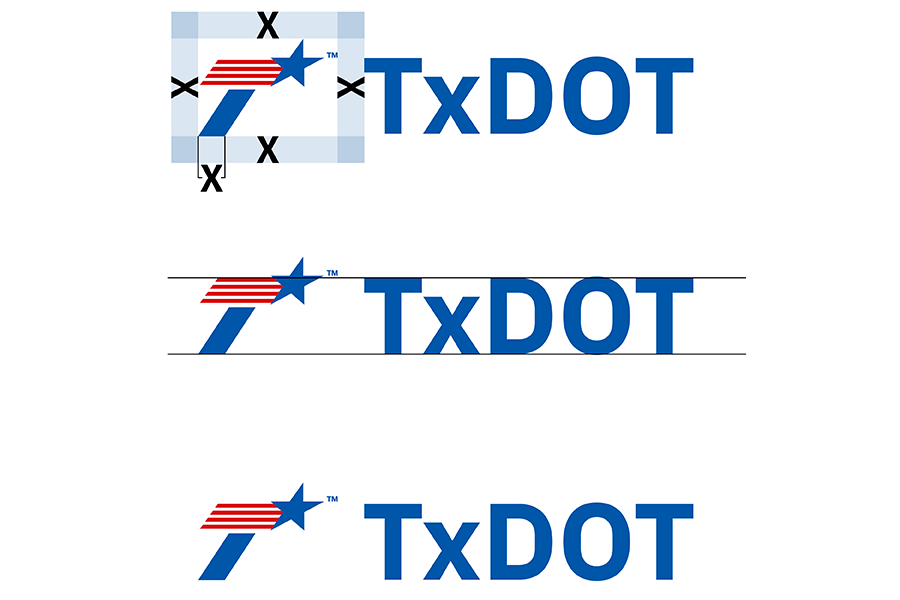 TxDOT Icon Clear Space and text lockup This graphic shows the TxDOT Icon with TxDOT written in plain text with adequate clearspace between the icon and text. The text baseline and cap height should align with the icon baseline and cap height.