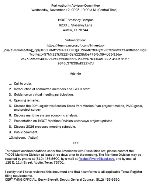 Port Authority Advisory Committee agenda - click the link to find the PDF version of the agenda.