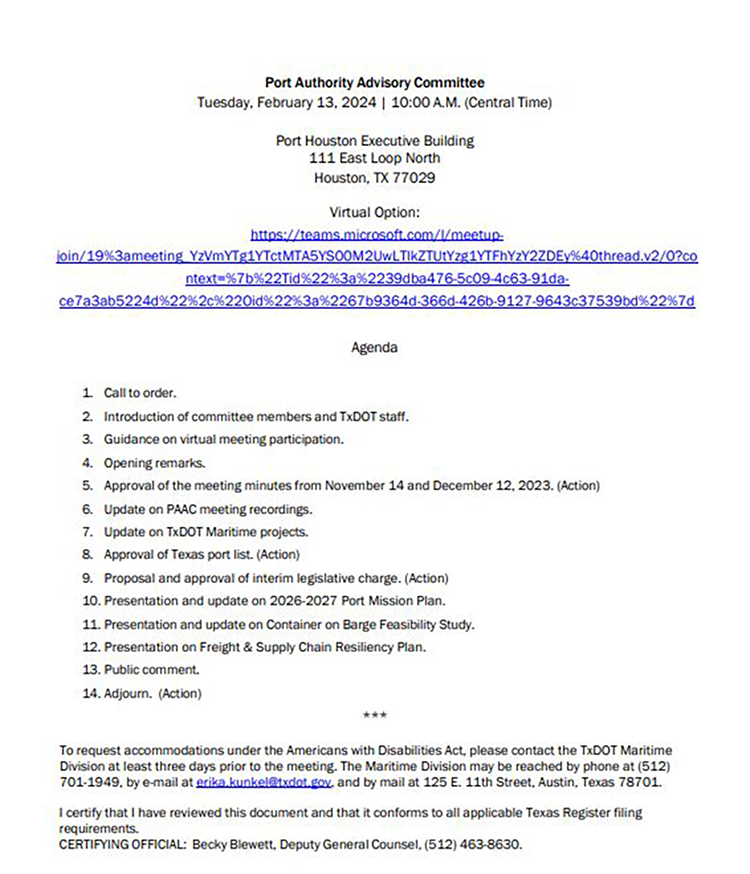 Port Authority Advisory Committee Agenda, Tuesday, February 13, 2024 