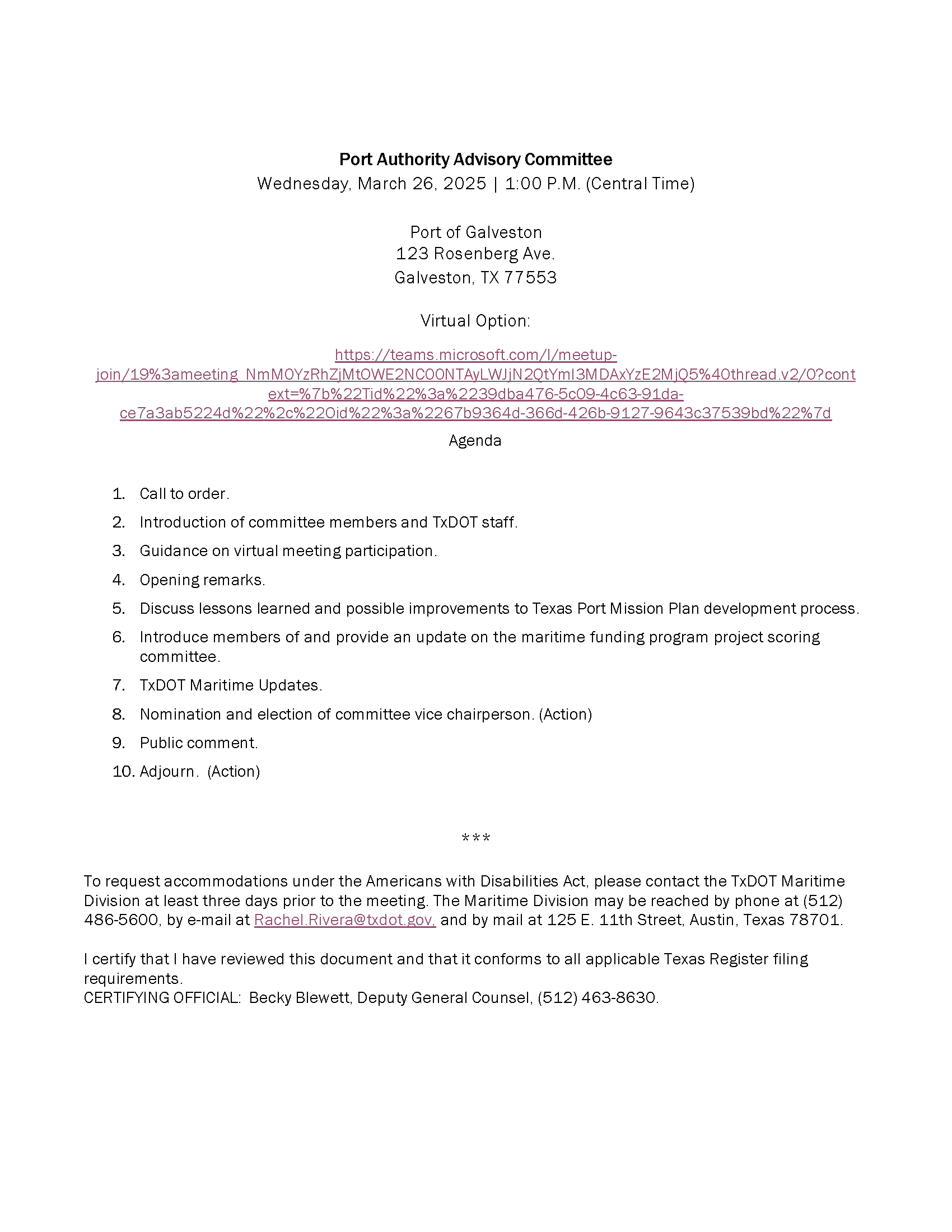 Port Authority Steering Committee agenda, Mar 26 2025