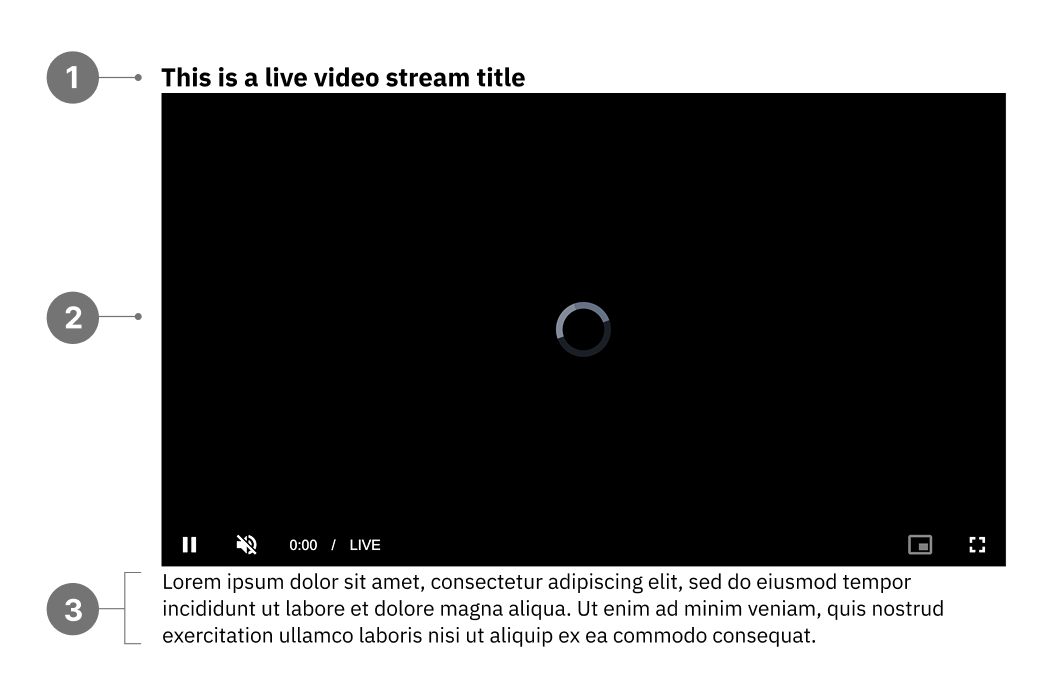 Live video stream anatomy diagram with numbered callouts for title, player area, and description text.