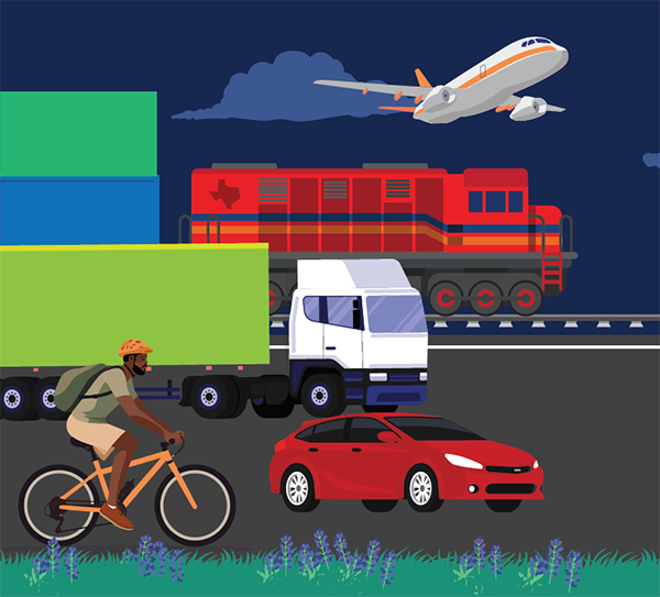 Gráfico que muestra múltiples formas de transporte, incluyendo coches, camiones, ciclistas, ferrocarril y aire.