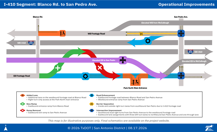 Map showing improvements along I-410 from Blanco Road to San Pedro Avenue, including added lanes, a new entrance ramp, ramp removal, roadway enhancements, barrier separation, intersection improvements and an elevated ramp to San Pedro Avenue.