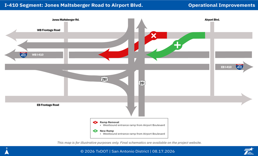 Map showing improvements along I-410 from Jones Maltsberger Road to Airport Boulevard, including ramp removals, new ramps and ramp enhancements to improve traffic flow.