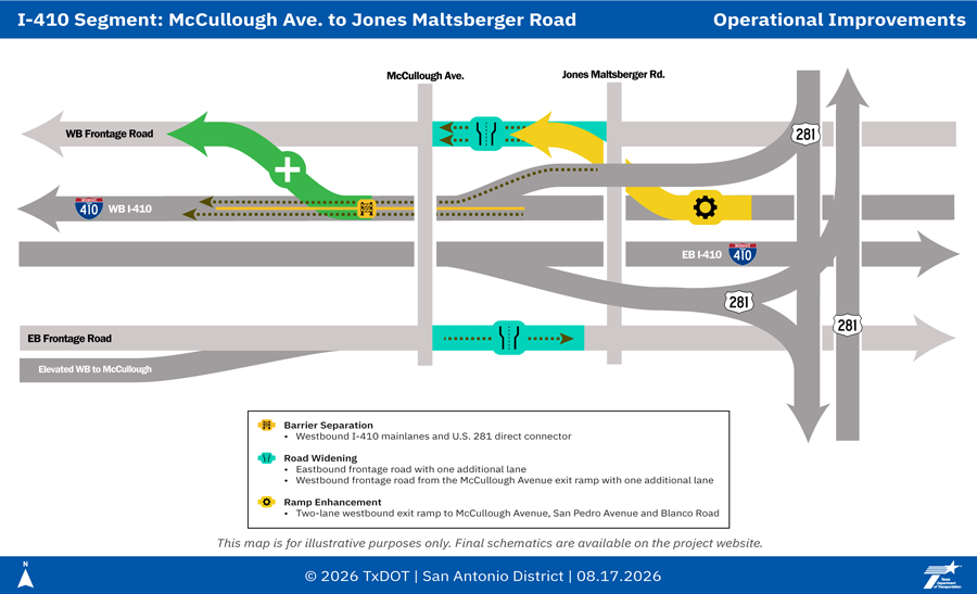 Map showing proposed improvements along I-410 from McCullough Avenue to Jones Maltsberger Road, including barrier separation, roadway widening and ramp enhancements.