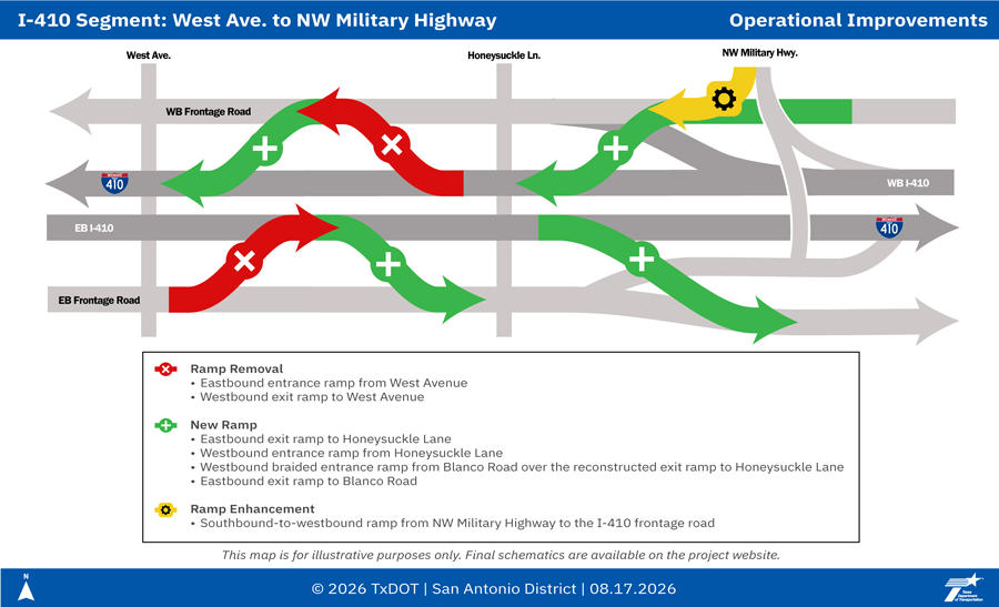 Map showing improvements along I-410 from West Avenue to NW Military Highway, including ramp removals, new ramps and ramp enhancements to improve traffic flow.