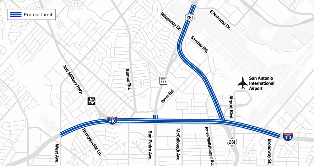 Map showing the project limits along Interstate 410 and U.S. 281 in San Antonio. Major roads and the airport are labeled.