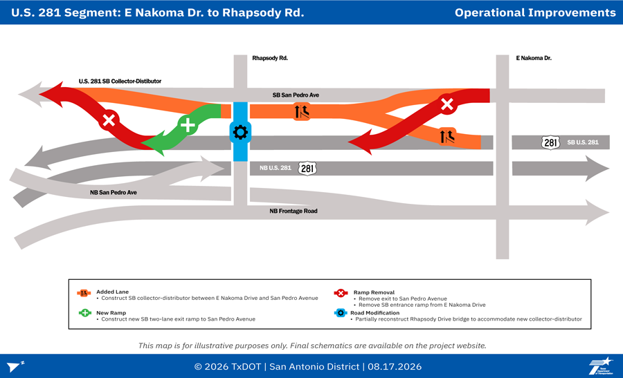 Map showing improvements along U.S. 281 from East Nakoma Drive to Rhapsody Road, including added lanes, ramp removals, new ramps and roadway modifications.