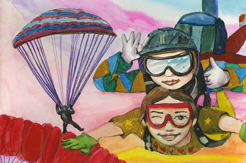 Una colorida ilustración pintada a mano de una escena de paracaidismo, que muestra a dos paracaidistas en primer plano con monos y cascos brillantes y estampados mientras caen por el aire. Un paracaidista lleva guantes verdes y el otro lleva guantes blancos levantados cerca del casco. Al fondo, un paracaídas con segmentos rojos, azules y blancos está abierto, con una pequeña figura en silueta colgando debajo. El cielo está pintado con suaves degradados de rosa, azul y amarillo, creando una atmósfera vibrante y enérgica.