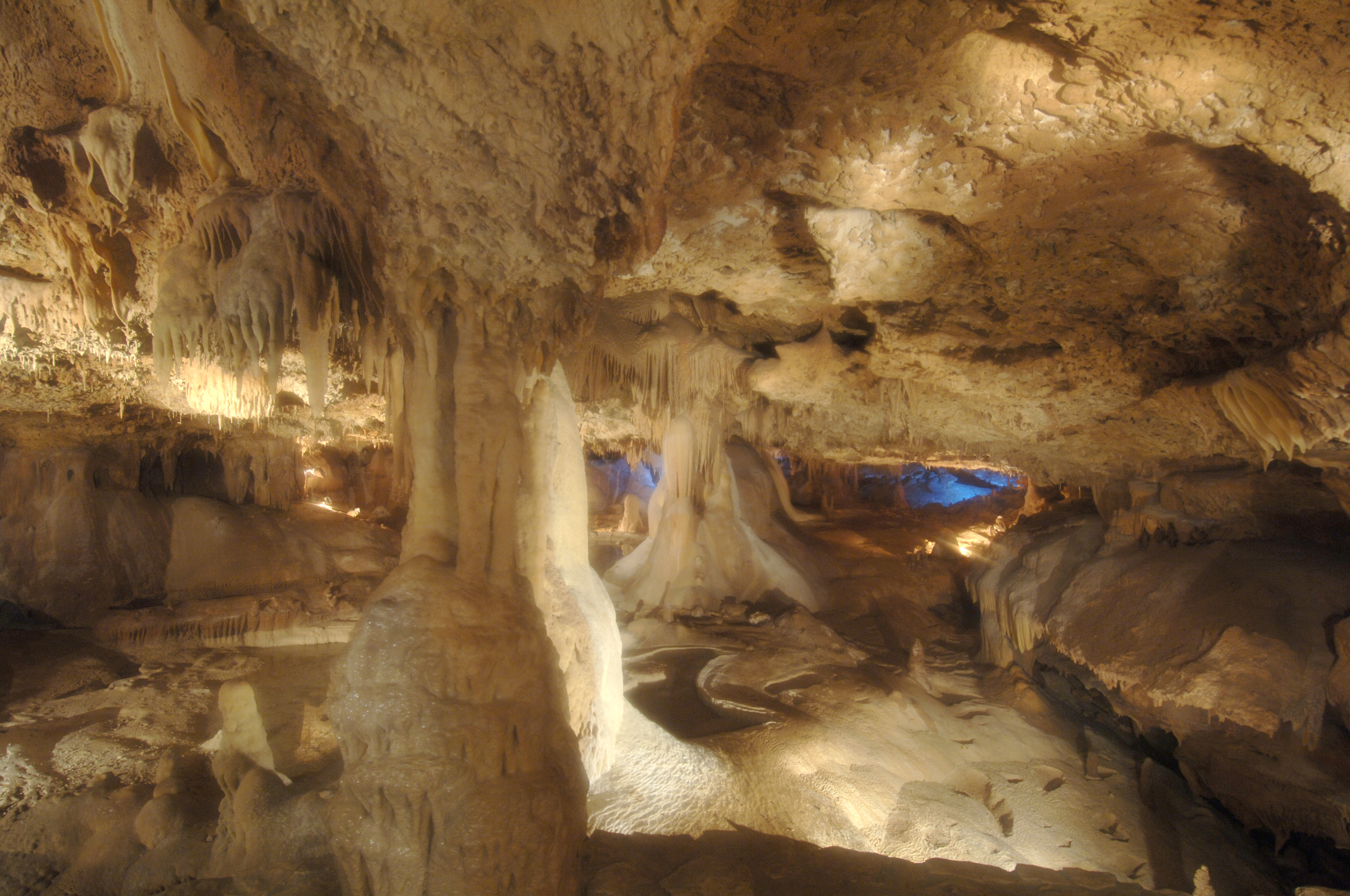 A photo of stalactites in Inner Space Cavern. 