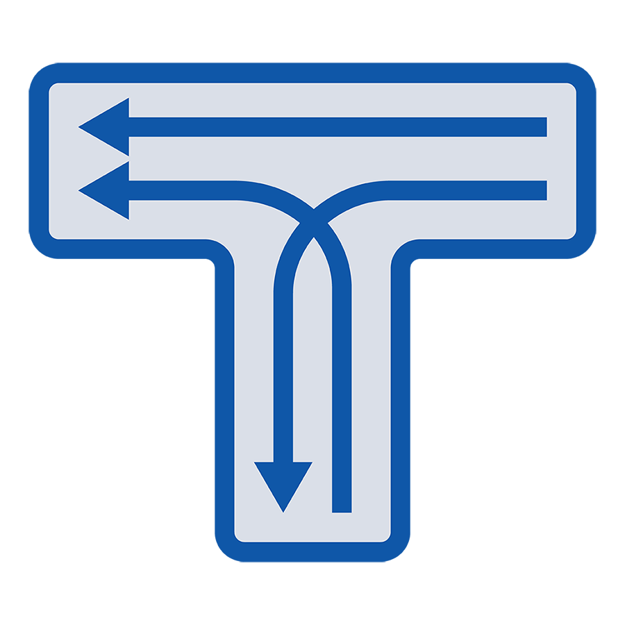 Blue line icon of a continuous green T-intersection (C‑G T). The top horizontal roadway has two lanes with arrows pointing to the left. From the middle of the top road, a curved channel guides traffic into a single downward lane, shown with a straight arrow pointing down. The layout emphasizes continuous flow for left-turn movements without stopping.