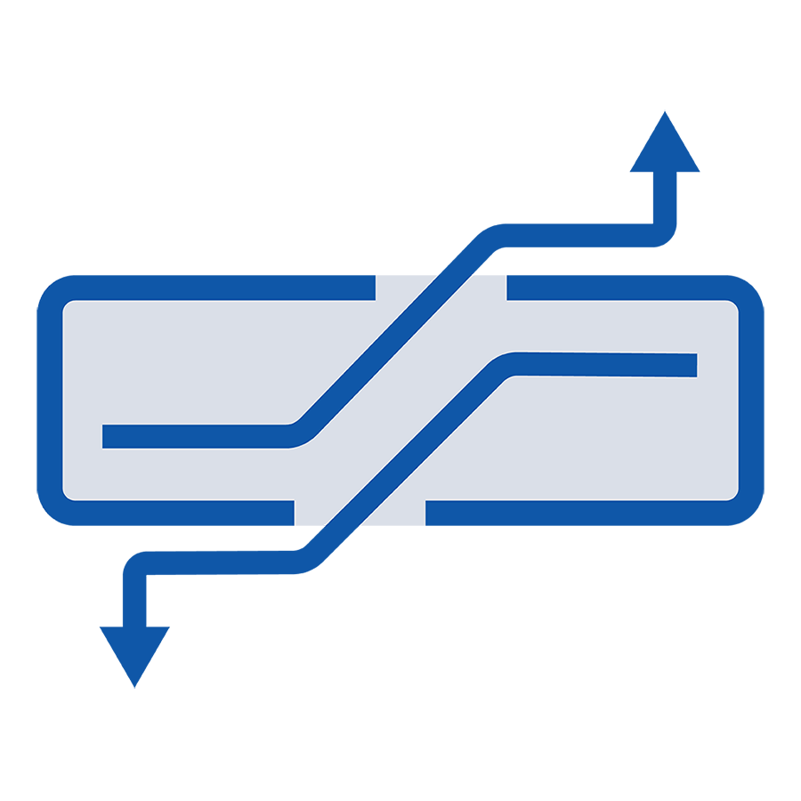 Icon showing a displaced left-turn intersection layout, with offset crossing lanes and arrows indicating vehicles crossing to the opposite side before turning left, including arrows for both upward and downward directions.