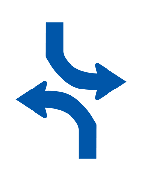 Icono azul con dos flechas curvas que representan los movimientos de giro a la izquierda desde accesos opuestos, que indican carriles dedicados para giros a la izquierda que permiten a los vehículos que circulan en direcciones opuestas hacer giros a la izquierda.