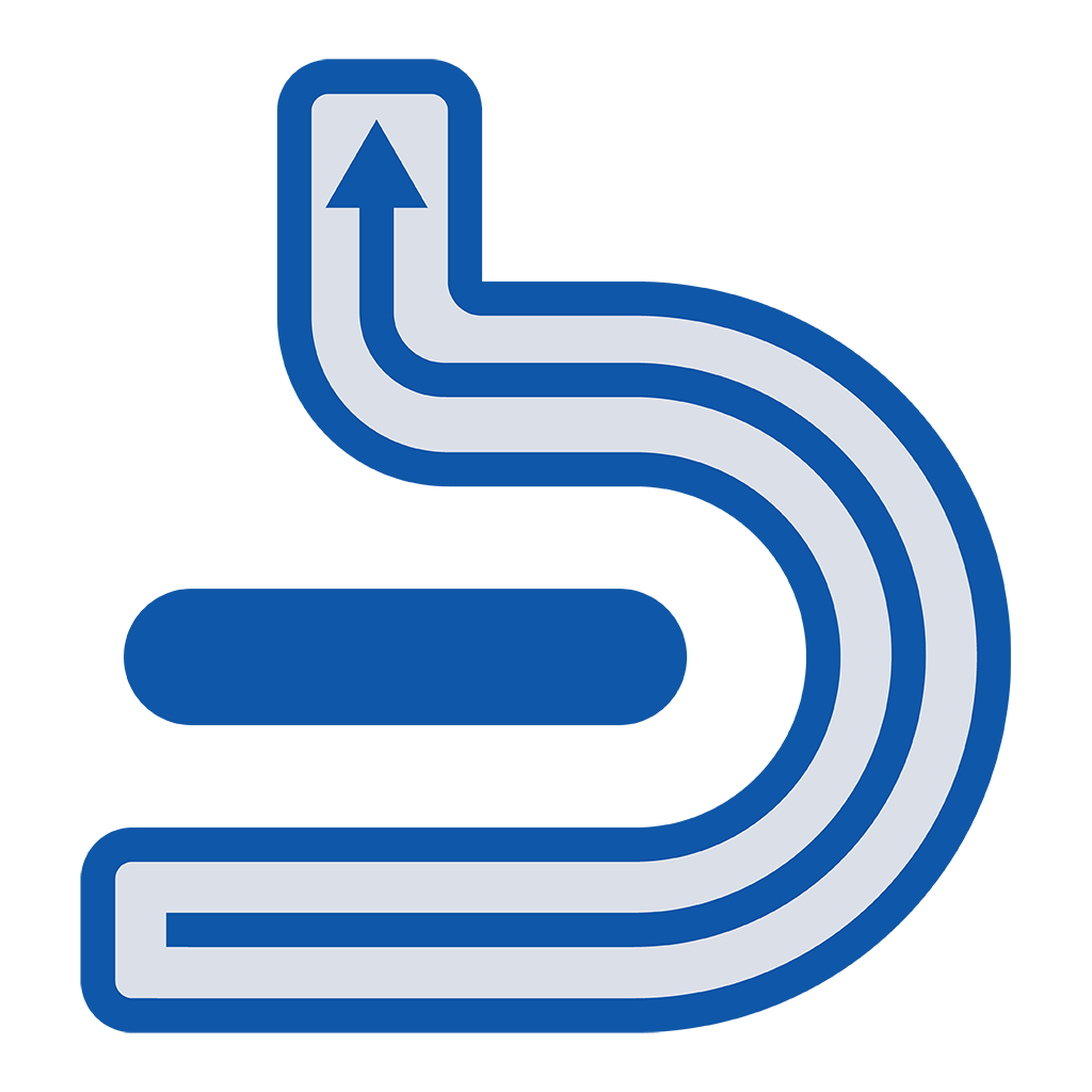 Icono azul de la carretera que ilustra un movimiento de giro en U en la mediana, donde el tráfico pasa una intersección, realiza un giro en un cruce en la mediana y continúa en dirección contraria.