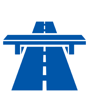Icono azul de un cruce de carretera donde una carretera pasa sobre otra en un puente, que representa una intersección a nivel separado, un paso elevado o una configuración de paso inferior que separa los movimientos del tráfico en diferentes elevaciones.