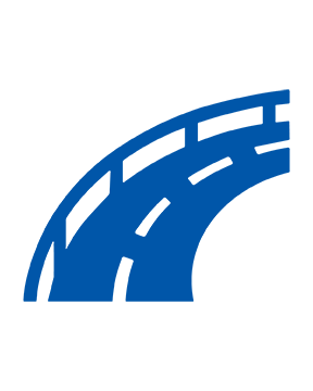 Icono azul que representa rampas curvas de entrada y salida que conectan una autopista con una intersección, representando el acceso directo por carretera que permite a los vehículos entrar y salir eficientemente de la autopista.