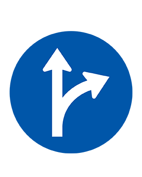Icono de movimiento de tráfico que muestra los movimientos de giro recto y a la derecha permitidos tanto desde las vías principales como desde las carreteras secundarias.
