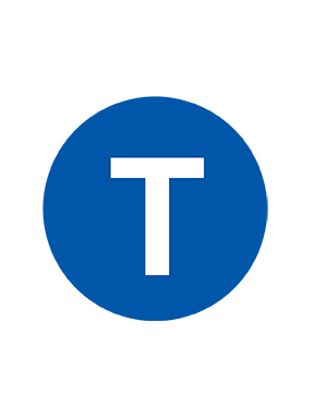 Blue circular traffic symbol displaying a white T-shaped road layout, indicating a T‑intersection where the roadway ends at a cross street.
