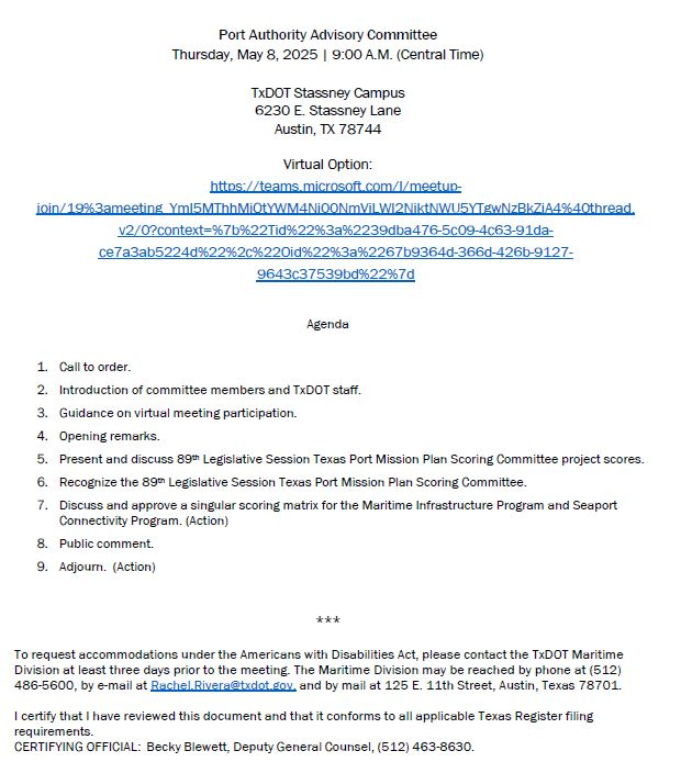 Port Authority Advisory  Committee agenda, May 8 2025