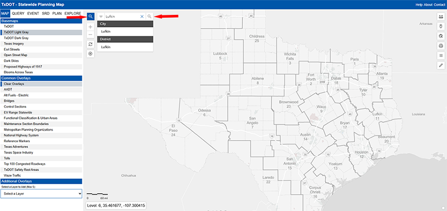 Paso 1 - Busca o haz zoom en el área de interés en el Mapa Estatal de Planificación de TxDOT.