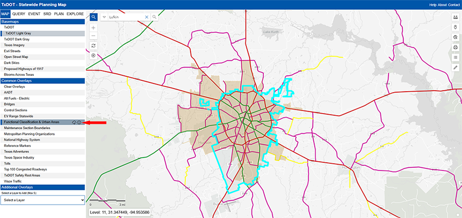 Paso 2 - Seleccione la superposición "Clasificación Funcional y Áreas Urbanas" que aparece bajo el encabezado Superposiciones Comunes bajo la pestaña Mapa en la Tabla de Contenidos del Mapa de Planificación Estatal de TxDOT.