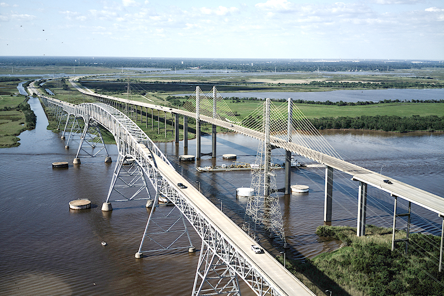 The Rainbow Bridge and Veteran's Memorial Bridge in Port Arthur, Beaumont District. Photo taken with Skydio X10 drone by either Sergio Roman or Casey Hogg, with composition guidance by Jen Reel.   Taken June 6, 2024.
