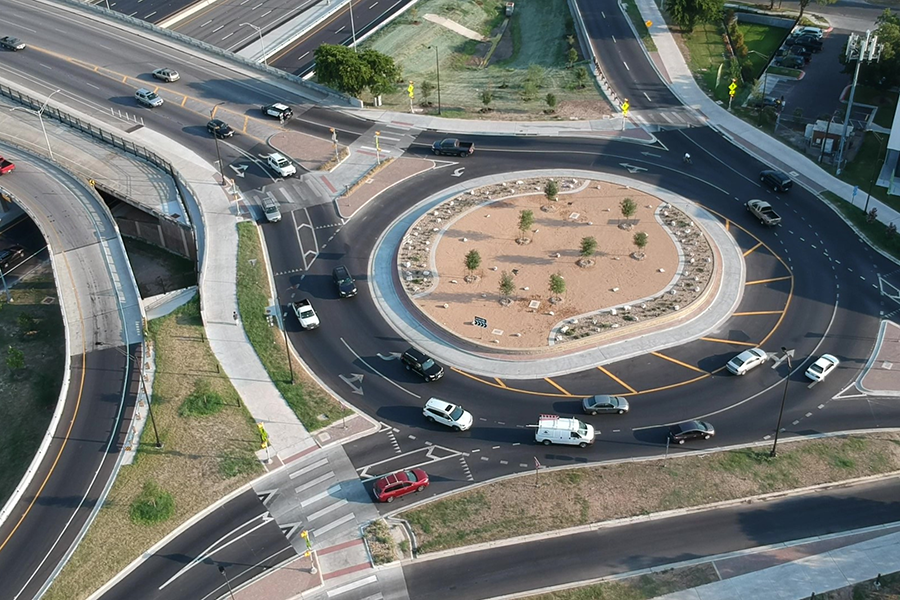Aerial view of new roundabout at Interstate 35 and 51st Street in Austin.