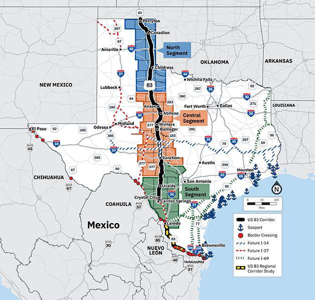 US 83 Texas Corridor Study Overview Map. Moderately complex map of Texas showing an overview of the corridor from Carrizo Springs, Texas to the Texas-Oklahoma state line. The map shows the corridor location in Texas, along with reference points to seaports, border crossings, the Future I-14, I-27, and I-69 interstates, and the location of the US 83 Regional Corridor Study that was previously conducted by TxDOT. The Corridor Study is broken up into three segments also displayed on the map, North Segment, Central Segment, and South Segment. For any questions, assistance, or more information, please contact arqa dot mast @ t x d o t .gov. This map is preliminary and subject to change.