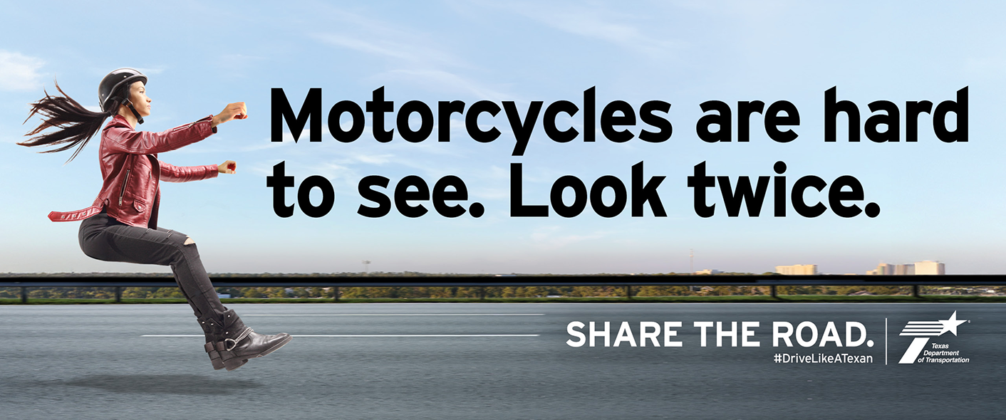 Motorcycles are hard to see. A woman riding down the road on an invisible motorcycle highlights that motorcyclists are often overlooked on the road. Share The Road #DriveLikeATexan