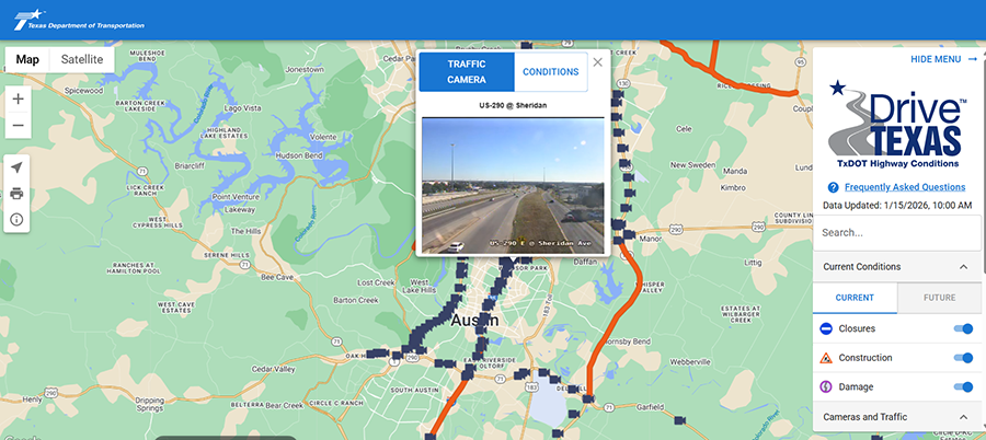 A screenshot of DriveTexas.org map of Austin with a live camera feed selected and showing a highway.